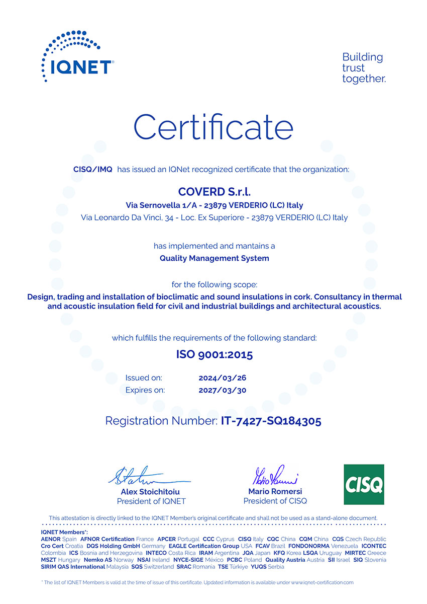 Sistema Qualità Certificata ISO 9001: 2015 Sistema Qualità Certificata ISO 9001: 2015 Coverd - BioEdilizia - Isolare secondo natura