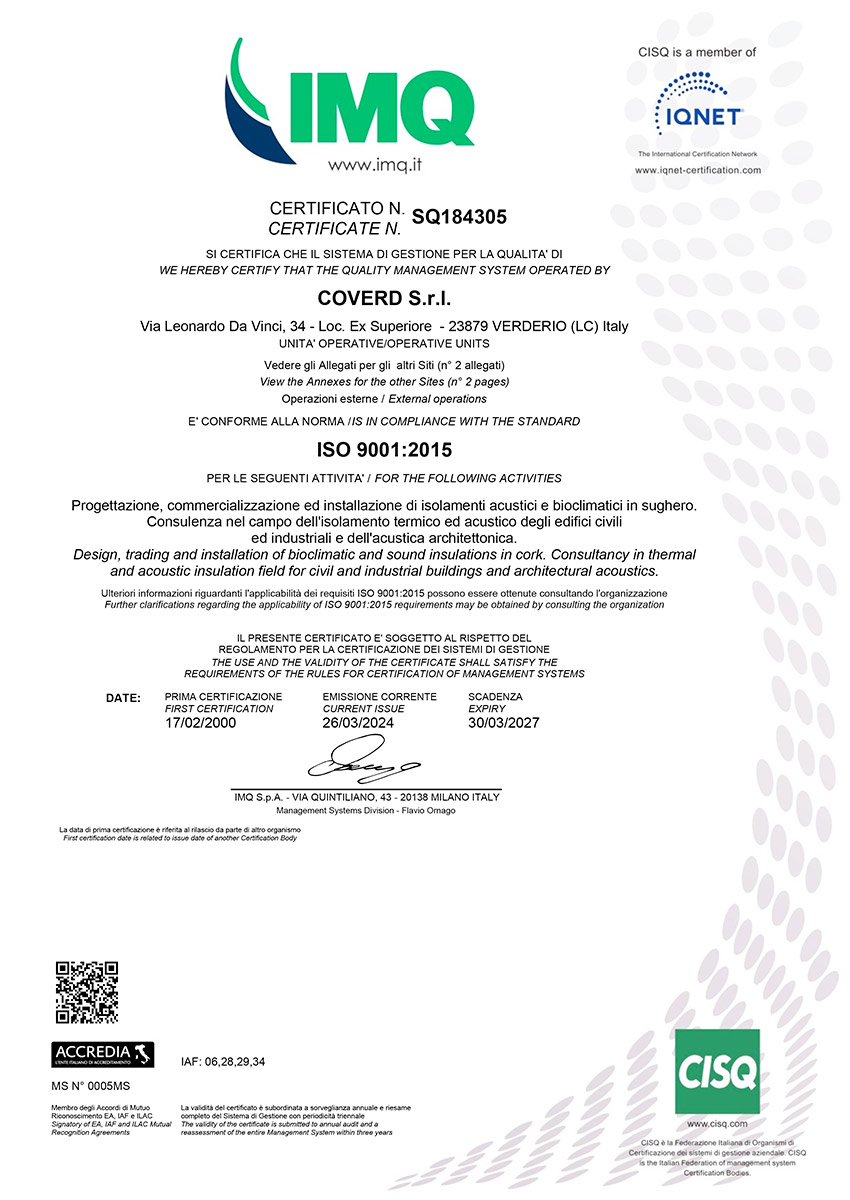Sistema Qualità Certificata ISO 9001: 2015 Sistema Qualità Certificata ISO 9001: 2015 Coverd - BioEdilizia - Isolare secondo natura