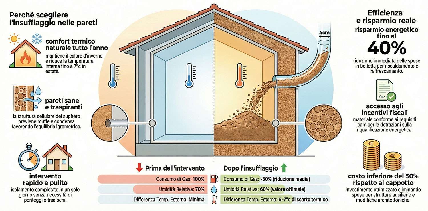 Insufflaggio di sughero biondo nelle pareti: isolamento naturale nell'intercapedine
