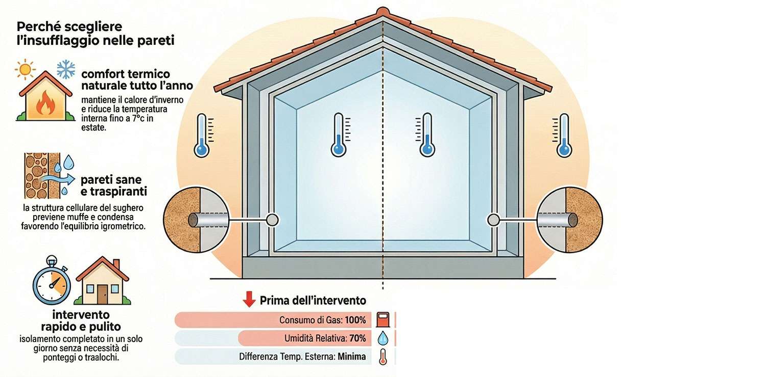 Insufflaggio di sughero biondo nelle pareti: isolamento naturale nell'intercapedine